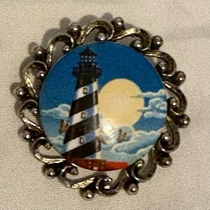 Vintage Lighthouse Ceramic Brooch OR Necklace Pendant Silver Tone Filigree Beach